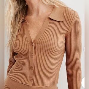 NWT AERIE Tan Gotta Jet Ribbed Button-Up Polo Cardigan